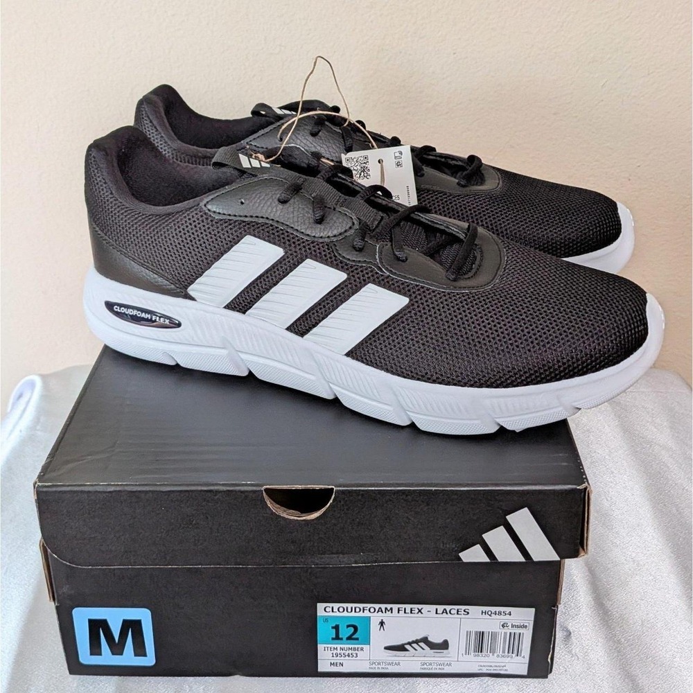 New Adidas Men's Cloudfoam Flex Sneaker Shoes Wide Fit Black White Size 12